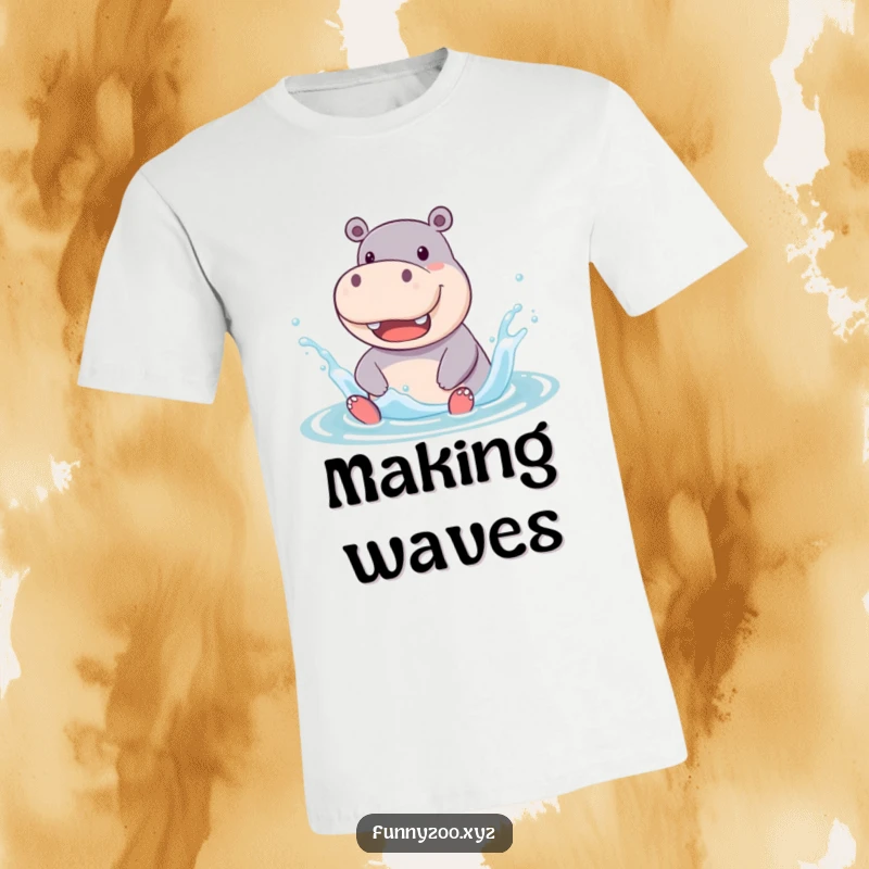 Funny T-Shirt depicting a jolly hippo character enthusiastically splashing in water, a wet and wonderful humorous design for gifting.