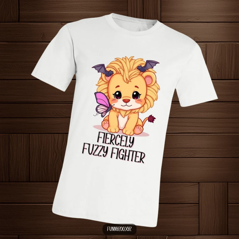 Funny t-shirt depicting a playful lion cub with a mane made of fluffy yarn, joyfully batting at a butterfly.
