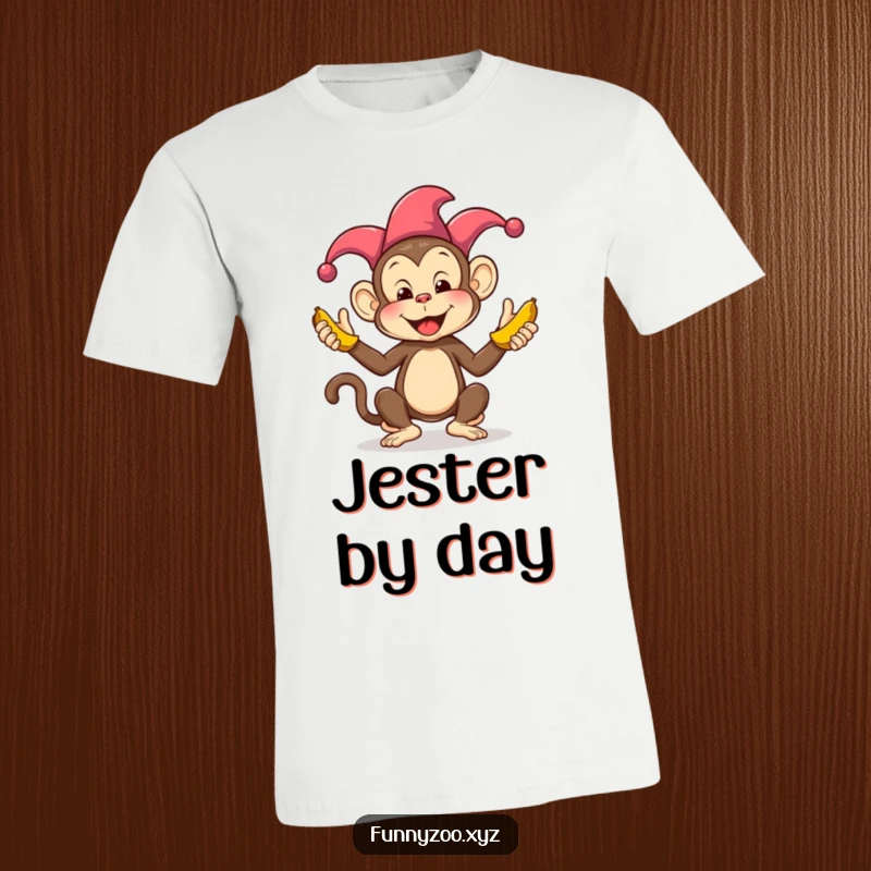 Funny Monkey Juggling Bananas T-Shirt: A silly jester monkey wearing a hat, actively juggling multiple bright bananas with a comical expression.