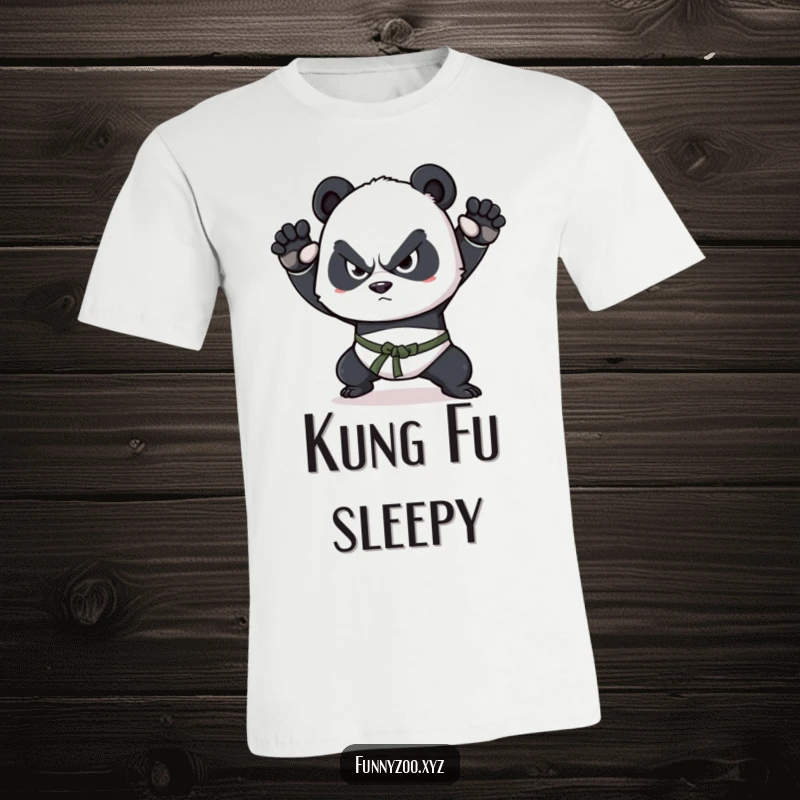 Funny panda t-shirt, determined squint, executing a powerful martial arts pose with focused intensity and comedic flair.