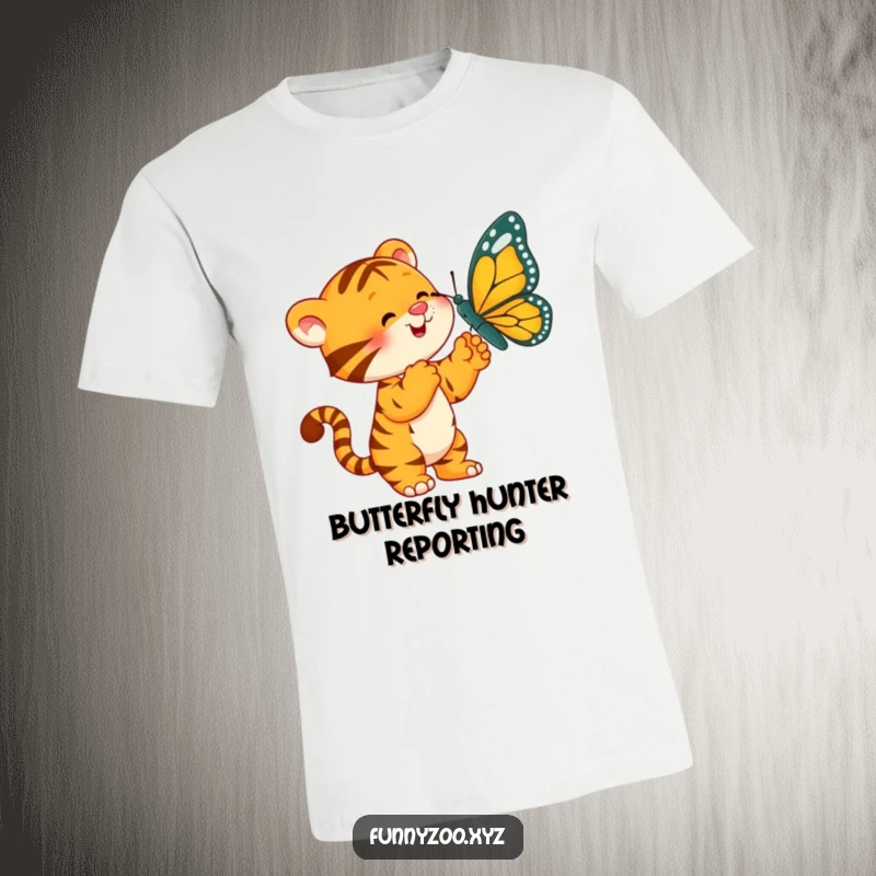 Funny Tiger T-Shirt: A lively tiger playfully batting at an oversized, dangling butterfly.