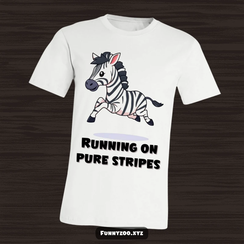 Funny t-shirt showcasing a playful zebra character galloping energetically with its legs kicking, capturing a moment of pure, dynamic fun.