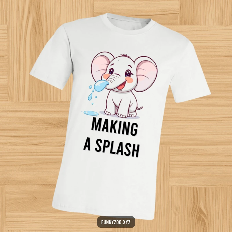 Funny cartoon elephant spraying water from its trunk on a t-shirt. Captures pure, unadulterated fun and joy.