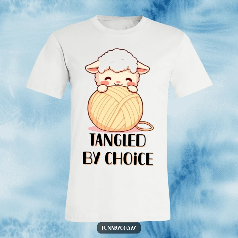 Funny T-Shirt: Amusing fluffy sheep playfully headbutting a giant yarn ball, capturing a moment of crafty delight.